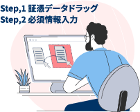 Easy登録　Step,1 認証データドラッグ　Step,2 必須情報入力